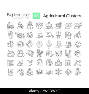 2D editable black big line icons set for agricultural clusters Stock Vector