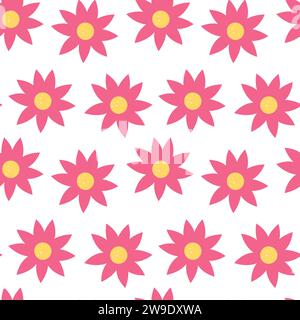Funky pink y2k floral seamless pattern. Doodle retro style illustration background. Stock Vector