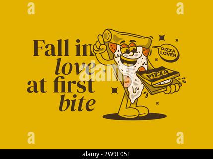 Fall in love at first bite. Mascot character of pizza holding a box pizza Stock Vector