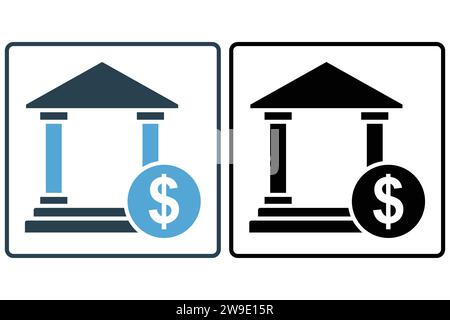 bank icon. bank building with dollar. icon related to finance. solid icon style. element illustration Stock Vector