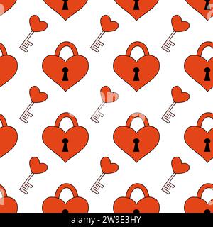 Seamless pattern with red padlock heart and key. Valentine day background. Vector flat illustration. Stock Vector