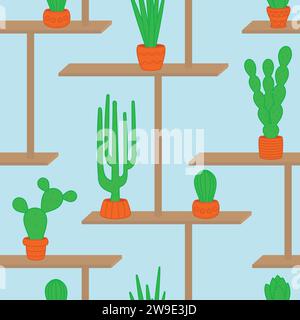 Vector seamless pattern. Cacti on the shelves. Stock Vector