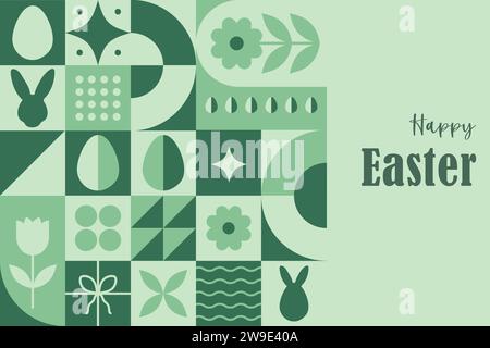 Happy Easter banner. Modern neo geometric abstract background. Horizontal poster, greeting card, header for website. Composition of simple icons in Stock Vector