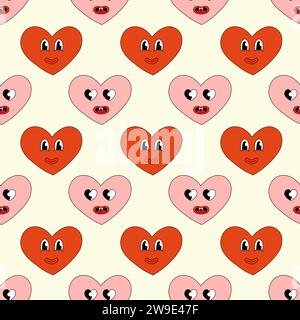 Seamless Pattern with Hearts Red and Pink Characters Smile for Valentine Day. Mascot in groovy and Y2k style. Vector cartoon illustration. Stock Vector