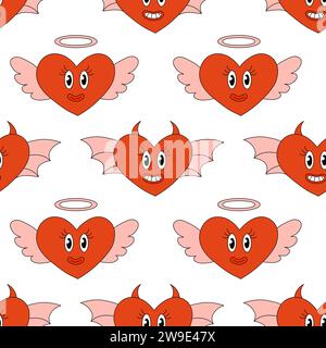 Seamless Pattern with Hearts Characters for Valentine Day. Angel and demon. Mascot in groovy and Y2k style. Vector cartoon illustration. Stock Vector