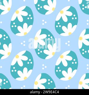 Pattern seamless with blue Easter eggs and flowers chamomiles. Happy Easter holiday background. Spring pattern design for postcard, wrapping paper Stock Vector
