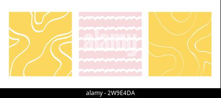 Simple Geometric Hand Drawn Irregular Patterns. Yellow pink Doodle Checkered simple drawing with textures. Square Poster set. Stock Vector