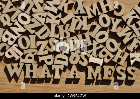What A Mess, words in wooden alphabet letters surrounded by random letters Stock Photo