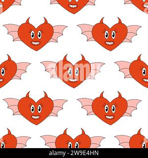 Seamless Pattern with Hearts Demon Characters for Valentine Day. Mascot in groovy and Y2k style. Vector cartoon illustration. Stock Vector