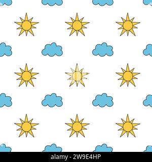 Seamless pattern with yellow suns and clouds. Simple Sunny cloudscape background. Vector flat illustration. Stock Vector