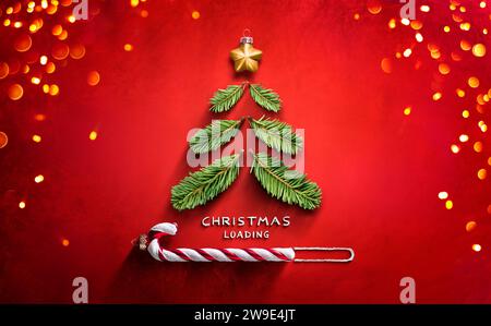 Christmas Loading Concept - Tree On Red With Progress Bar And Bokeh Lights Stock Photo