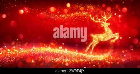 Christmas Card - Magic Golden Deer With Glitter In Shiny Red Background Stock Photo