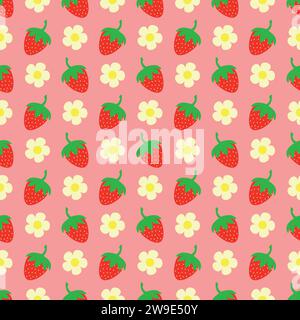 Summer pattern with strawberries and flowers on a pink background Stock Vector