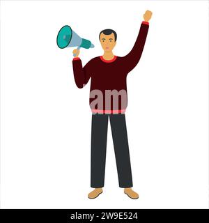 A man in a red sweater with a megaphone in his hand Stock Vector