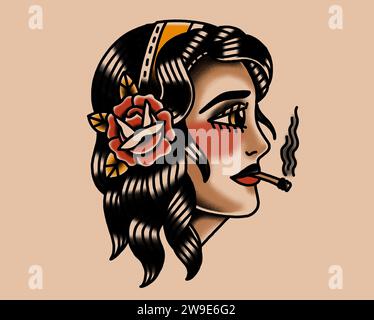 Old school tattoo drawing smoking woman Stock Photo