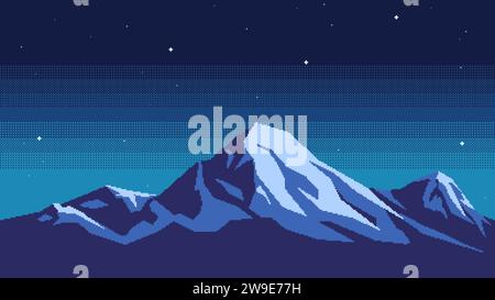 Pixel art mountain background at night. Seamless landscape backdrop of snow-capped peaks and sky with stars. Nature horizontal vector illustration Stock Vector