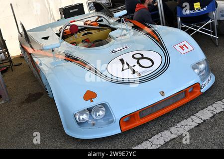 Scarperia, 2 April 2023: Detail of Porsche 908-03 of year 1971 in the paddock area during Mugello Classic 2023 at Mugello Circuit in Italy. Stock Photo