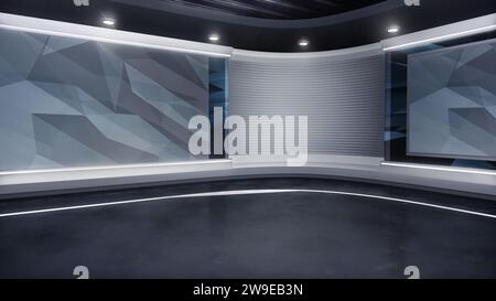 TV news, virtual studio background. Ideal also for online shows or live events. Modern 3D rendering backdrop suitable on VR tracking system stage sets Stock Photo