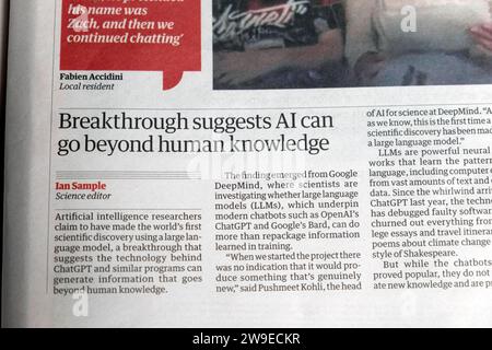 'Breakthrough suggests AI can go beyond human knowledge' Guardian newspaper headline artificial intelligence article 15th December 2023 London UK Stock Photo