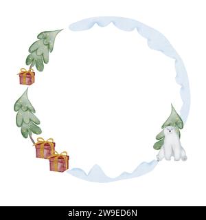 Watercolor round frame winter fairy tale with polar bear, fir trees and gifts. Wreath of snow and polar bear. Hand drawn isolate on a white background Stock Photo