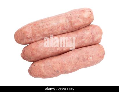 three uncooked pork sausages isolated on white background with clipping path, top view, freshness food, raw meat sausages for barbeque Stock Photo