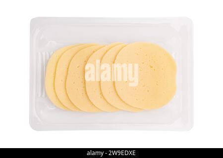 edam or salami round cheese in plastic package isolated on white background, flat lay with cheese cut into pieces, with clipping path Stock Photo