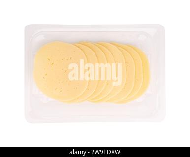 edam or salami round cheese in plastic package isolated on white background with clipping path, flat lay with cheese cut into pieces Stock Photo