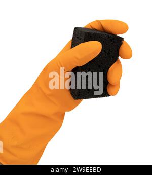 sponge for washing dishes in hand, hand in orange latex glove holding sponge isolated on white background, domestic chores Stock Photo