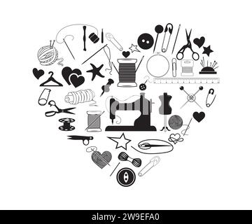 Sewing Vector, I love Quilting and Quilting Sewing Heart, Quilting lover, Sewing Equipment Heart Arrangement, sewing heart Stock Vector