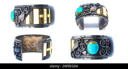 Vintage Silver Native American Turquoise stone Cuff Bracelet with bone mother of pearl rectangle shape inlay.  Ornate detail handmade design. Trendy b Stock Photo