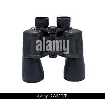 A pair of black rubber grip metal binoculars isolated on white background.  Well worn, used, dirty full of sand from being out in the field viewing wi Stock Photo