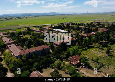 Abandoned ghost town Pobeda in Georgia, former Soviet military city, aerial view. Stock Photo