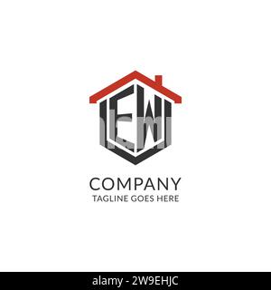 Initial logo EW monogram with home roof hexagon shape design, simple and minimal real estate logo design vector graphic Stock Vector