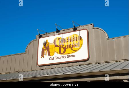 NOV 2, 2023 OCALA, FLORIDA Exterior front exterior facade sign logo for restaurant chain Cracker Barrel Old Country and gift Store. Yellow, brown and Stock Photo