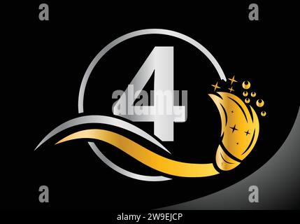 Letter 4 Cleaning logo, Cleaning brush logo Design Vector Template. Stock Vector