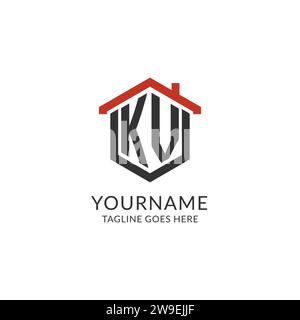 Initial letter KV logo with home roof hexagon shape design ideas vector ...