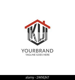 Initial logo KU monogram with home roof hexagon shape design, simple and minimal real estate logo design vector graphic Stock Vector