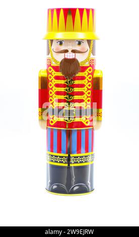 Christmas Nutcracker metal toy soldier decoration for holiday season,  isolated on white background. doll, toy, figurine, festive decor. in German tra Stock Photo