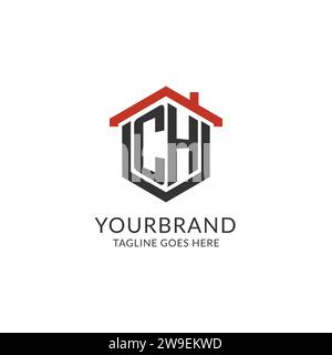 Initial logo CH monogram with home roof hexagon shape design, simple and minimal real estate logo design vector graphic Stock Vector