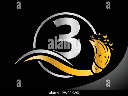 Letter 3 Cleaning logo, Cleaning brush logo Design Vector Template. Stock Vector