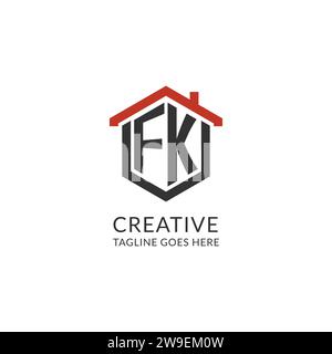 Initial logo FK monogram with home roof hexagon shape design, simple and minimal real estate logo design vector graphic Stock Vector