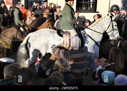 Bungay, UK. 26th Dec, 2023. A hunt supporter stops protester from getting too close during the demonstration. Action Against Animal Cruelty, protest was held in the town centre, Bungay as the Waveney and Norfolk Harriers parade through the streets supporting the countryfolk. The protesters said that despite their being a ban on traditional fox hunting, animals are still being killed during the trail hunting alternative and they are calling for a total ban. (Photo by Martin Pope/SOPA Images/Sipa USA) Credit: Sipa USA/Alamy Live News Stock Photo