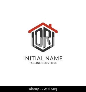 Initial logo DR monogram with home roof hexagon shape design, simple and minimal real estate logo design vector graphic Stock Vector