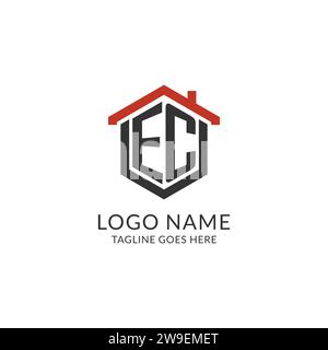 Initial logo EC monogram with home roof hexagon shape design, simple and minimal real estate logo design vector graphic Stock Vector