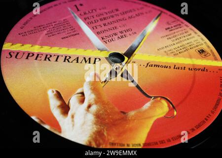 Viersen, Germany - May 9. 2023: Closeup of band Supertramp vinyl record label Famous last words from 1982 Stock Photo