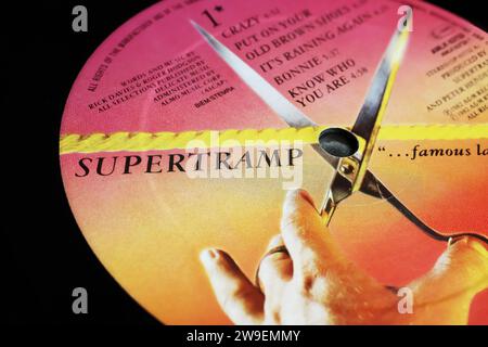 Viersen, Germany - May 9. 2023: Closeup of band Supertramp vinyl record label Famous last words from 1982 Stock Photo