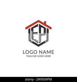 Initial logo EP monogram with home roof hexagon shape design, simple and minimal real estate logo design vector graphic Stock Vector