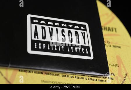 Viersen, Germany - May 9. 2023: Closeup of warning label Parental advisory explicit content on music album from 90s in music industry Stock Photo