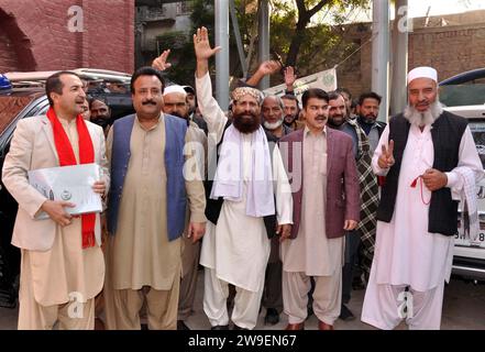 Awami National Party (ANP) Leader, Javed Khan arrived to submit his nomination papers to the returning officer to participate in upcoming General Election, in Hyderabad on Wednesday, December 27, 2023. Stock Photo