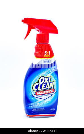 Ocala, Florida USA October 22, 2023 Oxy clean max force stain remover cleaner product  Laundry Stain Remover. New and Improved Formula in red and blue Stock Photo